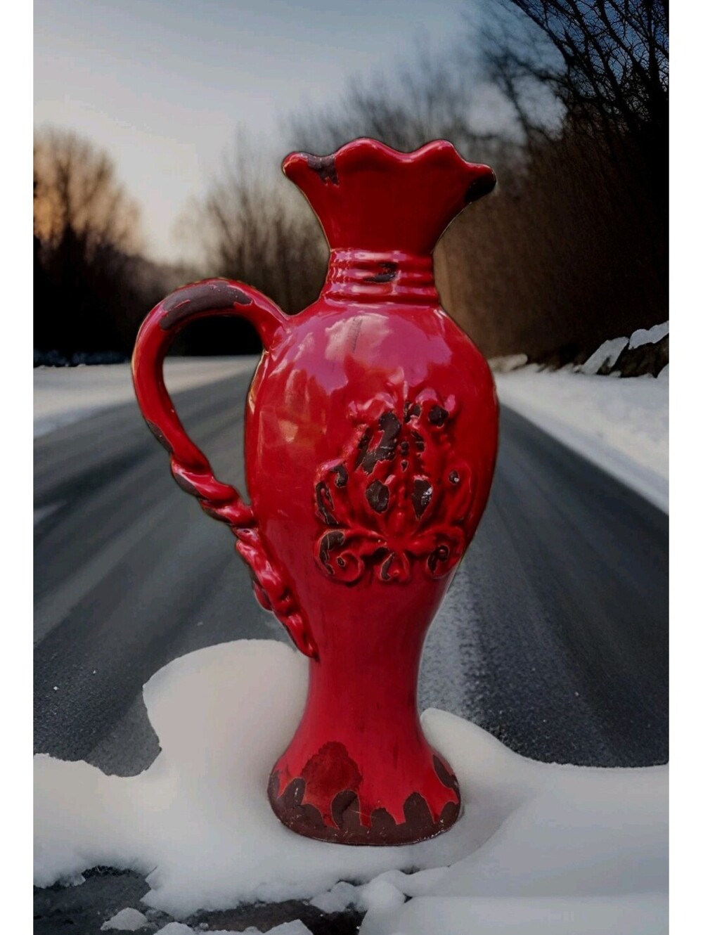 Magnificent Modern Pottery Vase Jug Rustic Rich Red 15” Tall 8" Wide With Handle
